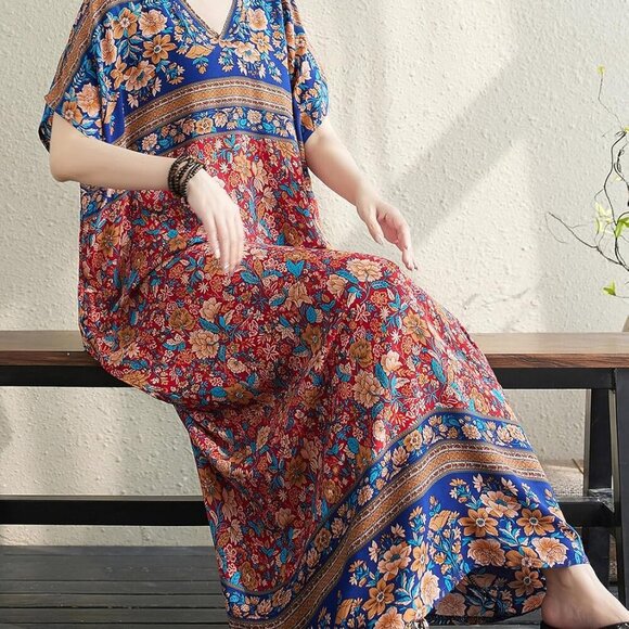 Plus Size Summer Floral Dress V Neck Loose Fit Pockets Casual Max Fashion - Picture 7 of 7